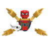 A building blocks set depicting a Spider-Man character in red and blue with yellow accessories.
