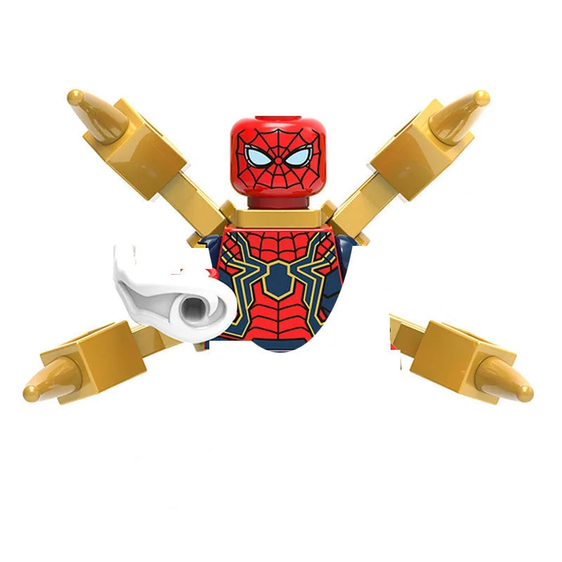 A building blocks set depicting a Spider-Man character in red and blue with yellow accessories.