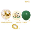 A set of 16 foil balloons featuring jungle safari cartoon animals like monkeys and tigers in gold, white, and green colors.