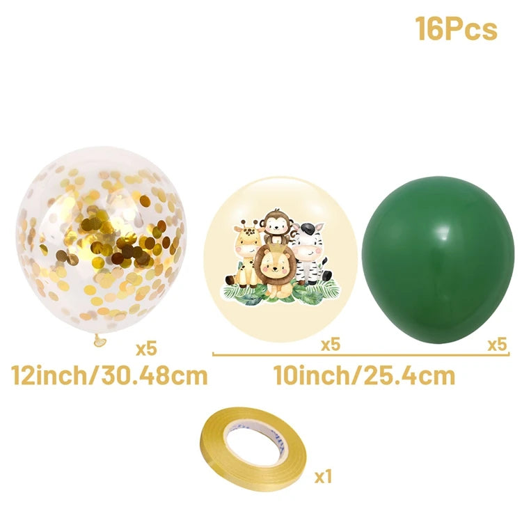 A set of 16 foil balloons featuring jungle safari cartoon animals like monkeys and tigers in gold, white, and green colors.