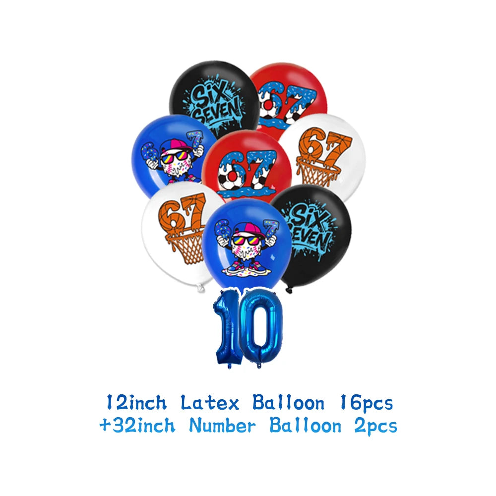 A set of colorful latex balloons featuring the numbers six and seven for a birthday party decoration.