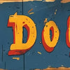 Vintage style sign with the text Hot Dogs painted in yellow and orange on a dark blue wooden background.