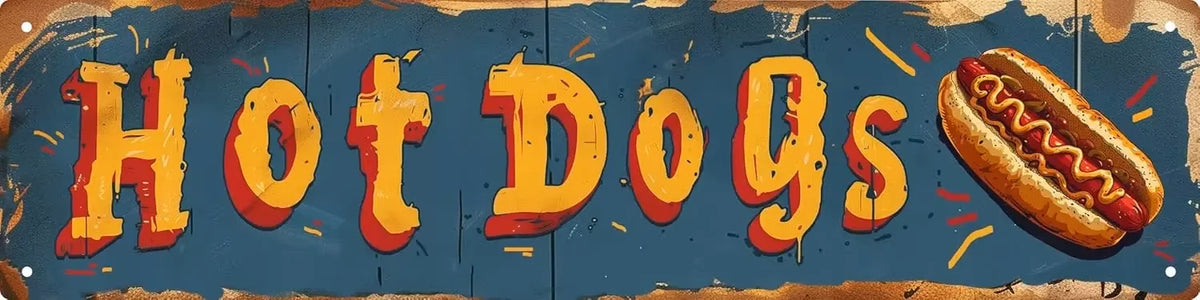 Vintage style sign with the text Hot Dogs painted in yellow and orange on a dark blue wooden background.