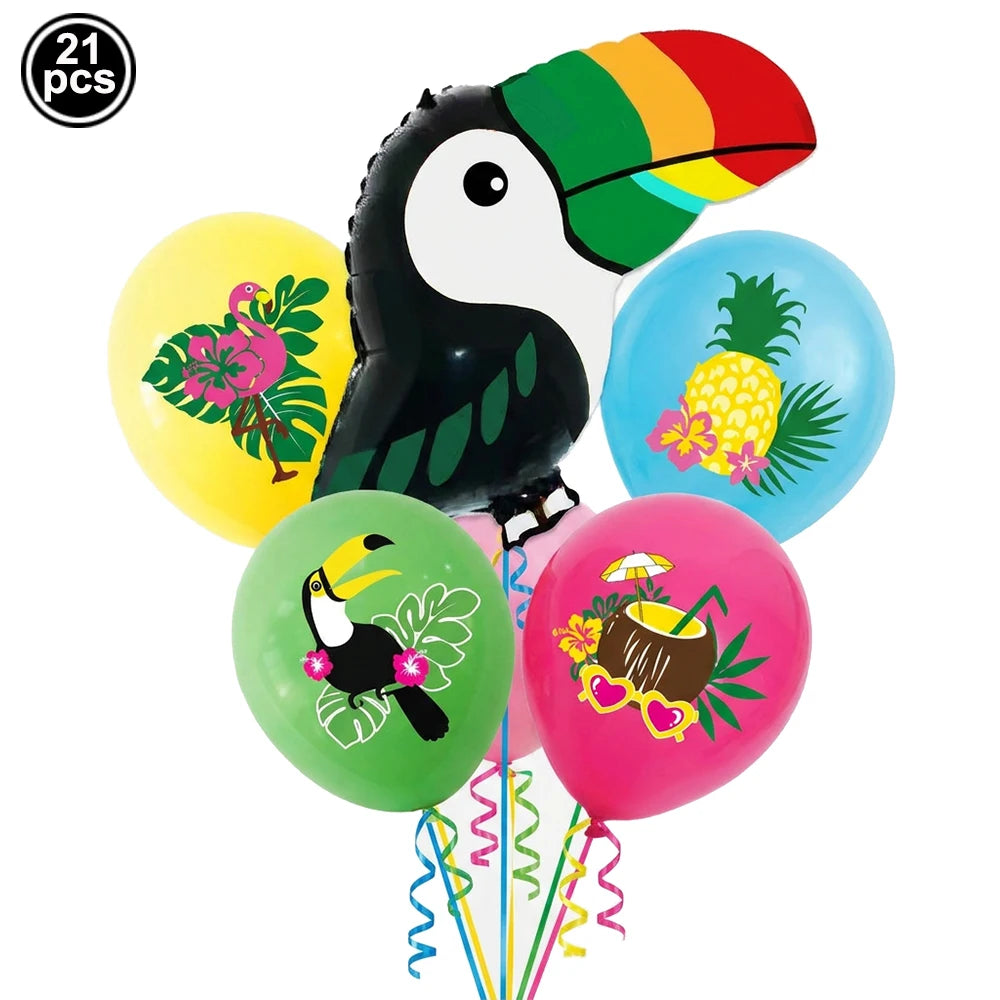 A set of 21 party balloons featuring a black and white bird design with colorful tropical accents.