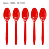 A set of ten red spoons for a paper party tableware kit.