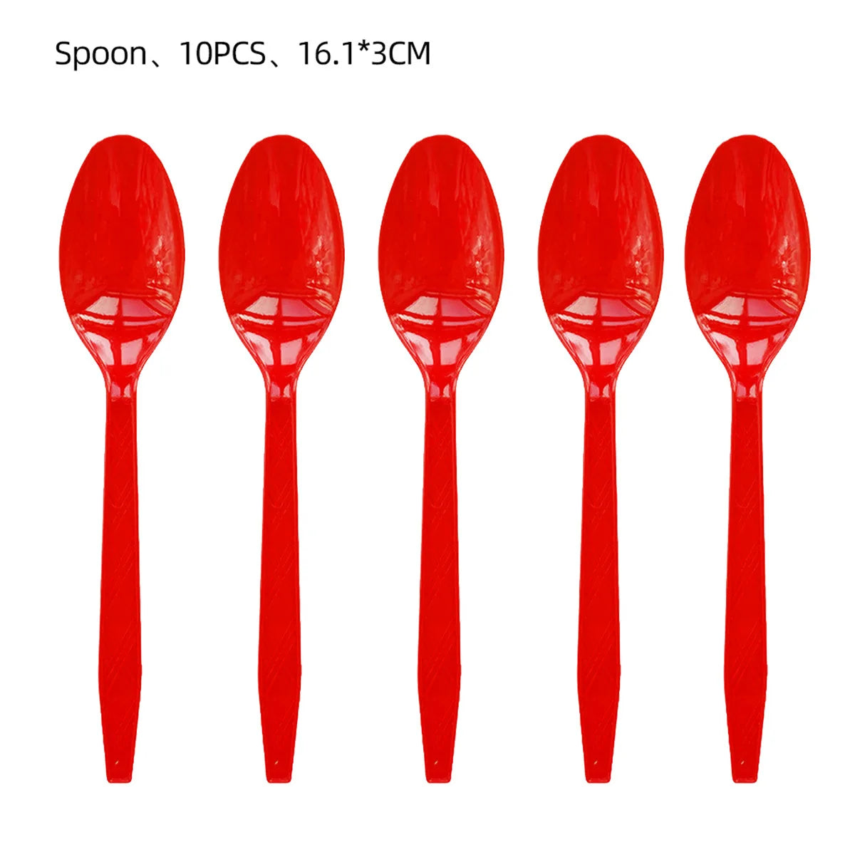 A set of ten red spoons for a paper party tableware kit.