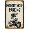 A vintage metal sign with distressed brown and black paint showing a silhouette of a motorcycle and the text MOTORCYCLE PARKI