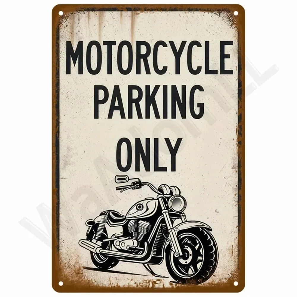 A vintage metal sign with distressed brown and black paint showing a silhouette of a motorcycle and the text MOTORCYCLE PARKI