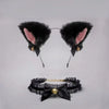 Black faux cat ear headband with bell choker set featuring pink lining and gold accents