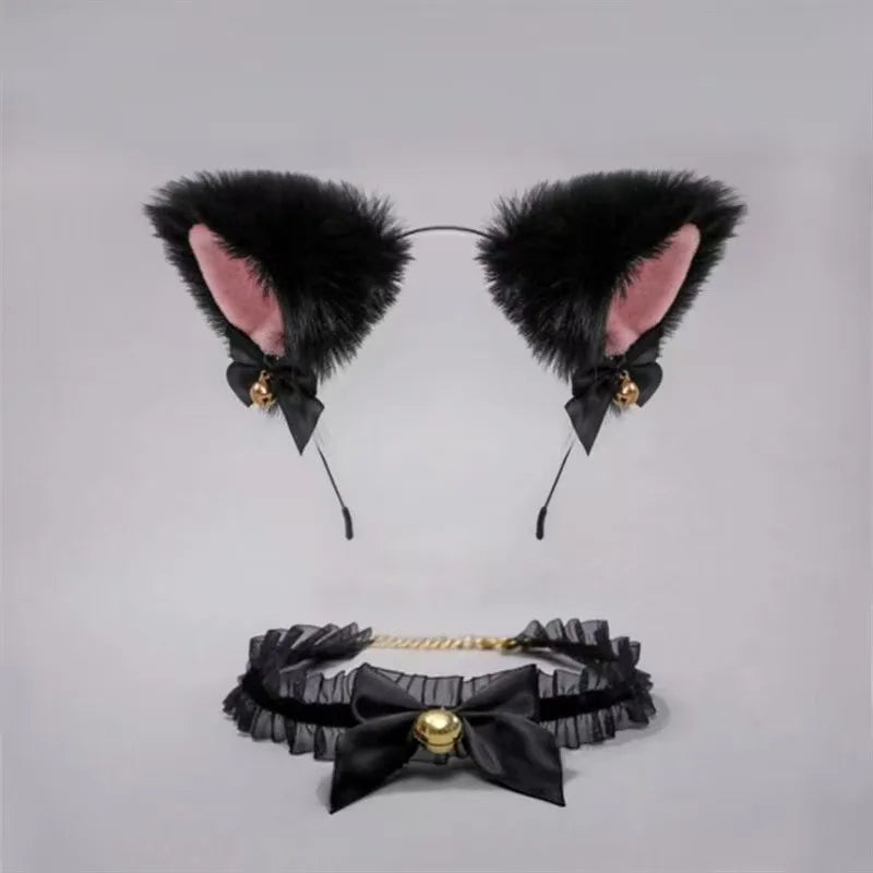 Black faux cat ear headband with bell choker set featuring pink lining and gold accents