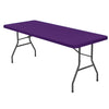 A purple stretch spandex tablecloth table with black metal legs.