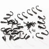 A collection of black rustproof zinc alloy wall hooks with screws for hanging coats, bags, and towels.