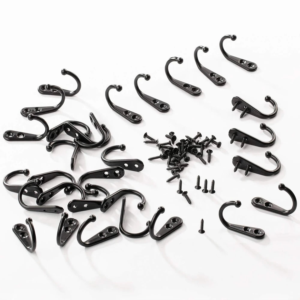 A collection of black rustproof zinc alloy wall hooks with screws for hanging coats, bags, and towels.