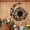 Art mural black metal avec tournesol et croissant de lune sur panneau en bois.