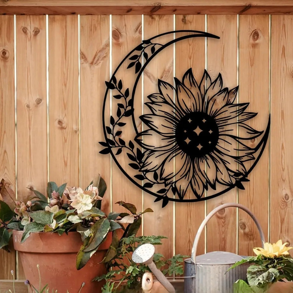 Art mural black metal avec tournesol et croissant de lune sur panneau en bois.