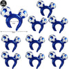 A set of ten blue and white soccer ball balloons shaped like bears for party decorations.