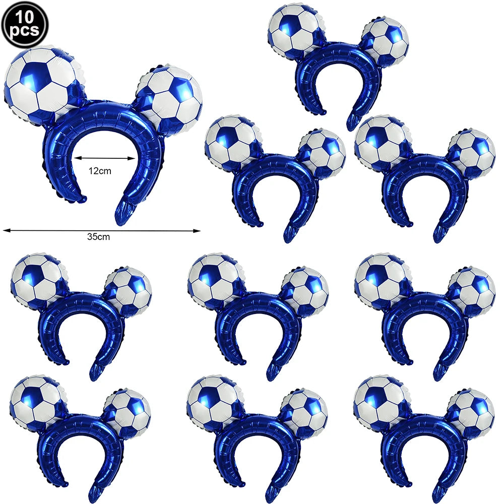 A set of ten blue and white soccer ball balloons shaped like bears for party decorations.