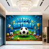 A vibrant football-themed birthday backdrop featuring a soccer ball, trophies, and figures celebrating a happy birthday.