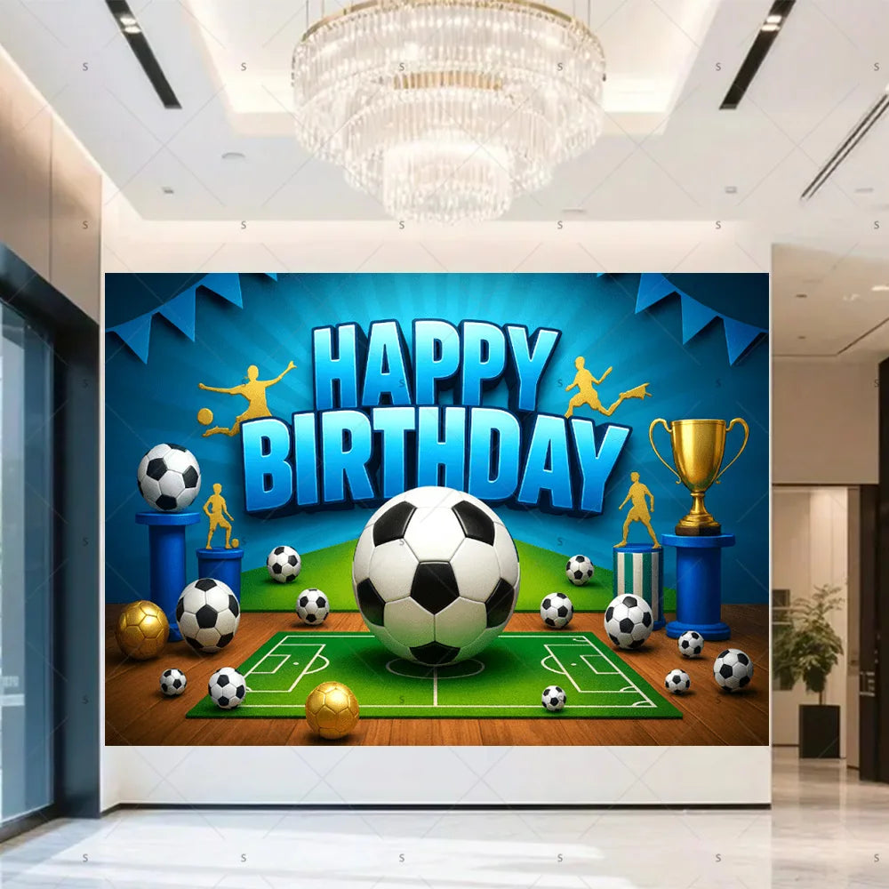 A vibrant football-themed birthday backdrop featuring a soccer ball, trophies, and figures celebrating a happy birthday.