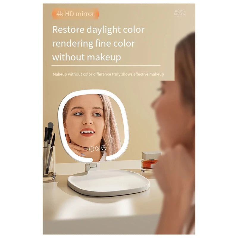 A close-up of a woman using an LED makeup mirror for color rendering and fine detail, showing the device on a table.