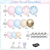 A kit of various colored balloons including pink, blue, gold, and nude shades with glue and ribbon for a gender reveal decora