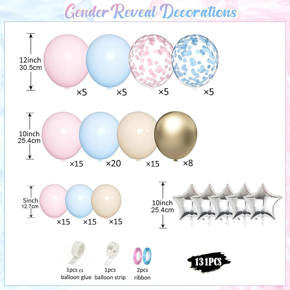 A kit of various colored balloons including pink, blue, gold, and nude shades with glue and ribbon for a gender reveal decora