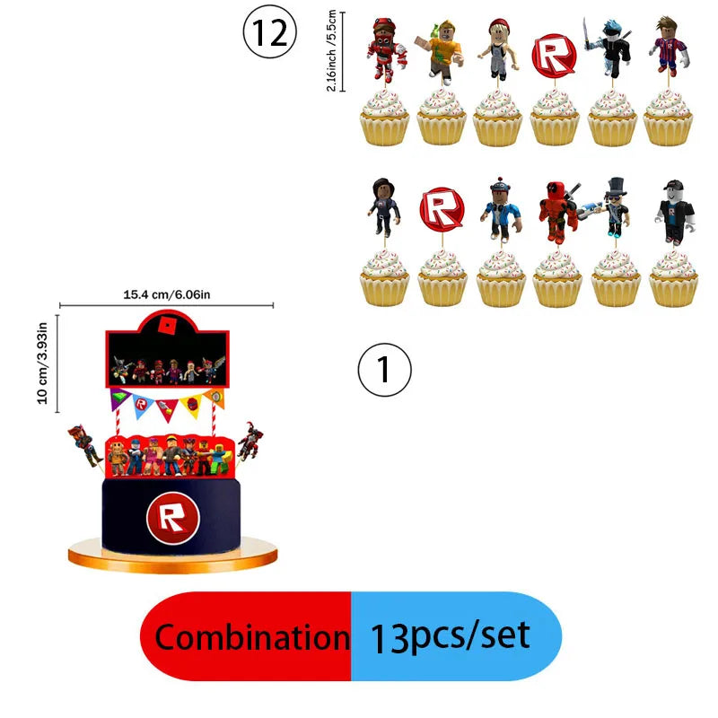 A set of 13 robot-themed disposable party supplies including a cake topper and various figurine toppers.