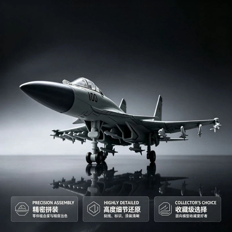 A detailed model of a J-15 fighter jet built from building blocks, displayed against a dark background.