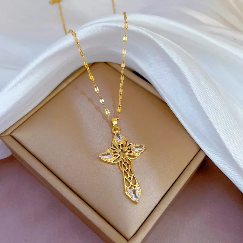 Gold Stainless Steel Crystal Cross Pendant Necklace