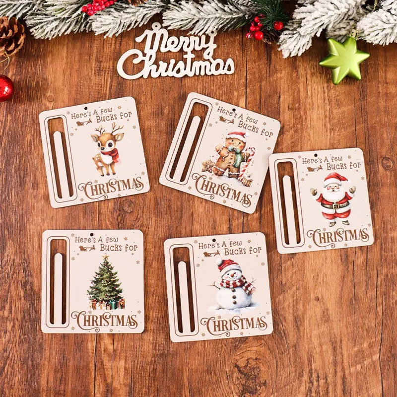 Collection de cartes d'argent en bois décoratives avec des thèmes de Noël comme le Père Noël, les rennes et les bonhommes de 