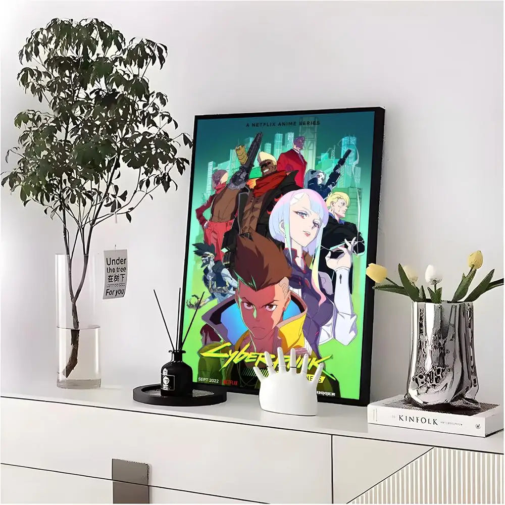 A framed poster featuring characters from Cyberpunk Edgerunners set against a vibrant cityscape.