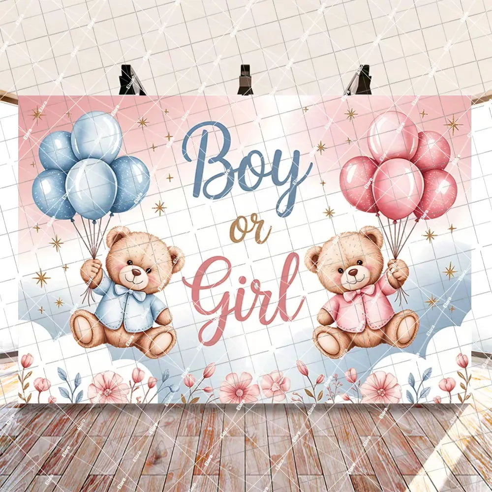 A gender reveal decoration featuring pink and blue balloons and teddy bears on a banner.