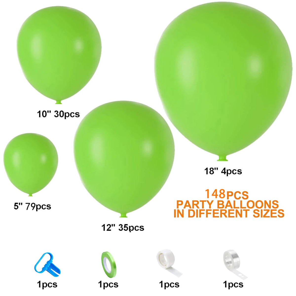 Eine Sammlung pastellgrüner Ballons in verschiedenen Größen, darunter 5, 10, 12 und 18 Zoll.
