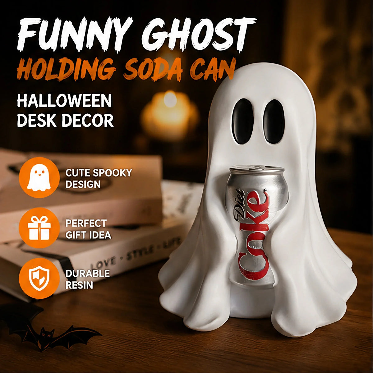 Figurine fantôme blanche en résine tenant une canette d'aluminium, décor de bureau d'Halloween.