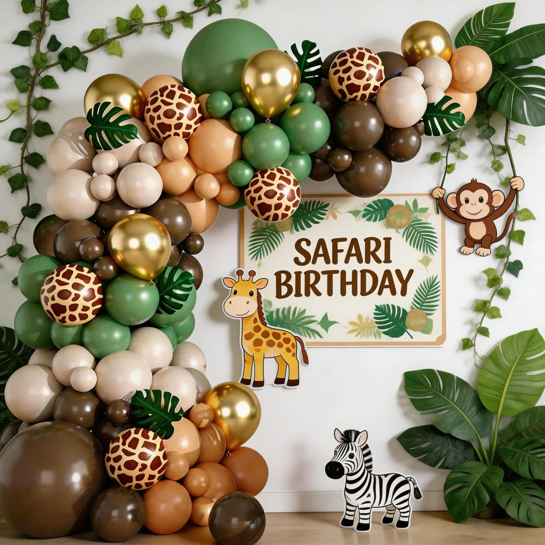 A balloon garland featuring safari animals like giraffes and monkeys in earthy tones and green foliage.