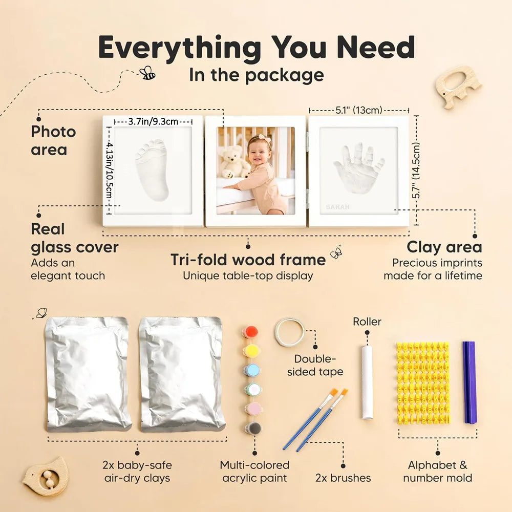 A set of three photo frames for baby handprints and footprints, including a wooden frame, clay, and tools.