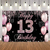 A dark backdrop decorated with pink and silver confetti, sparkling lights, and a large glittery 'Happy 13th Birthday' text su