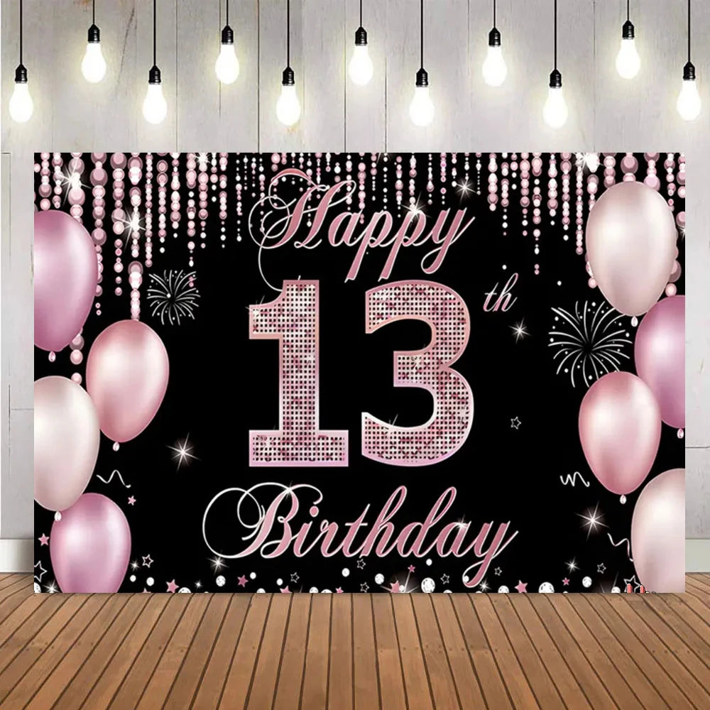 A dark backdrop decorated with pink and silver confetti, sparkling lights, and a large glittery 'Happy 13th Birthday' text su