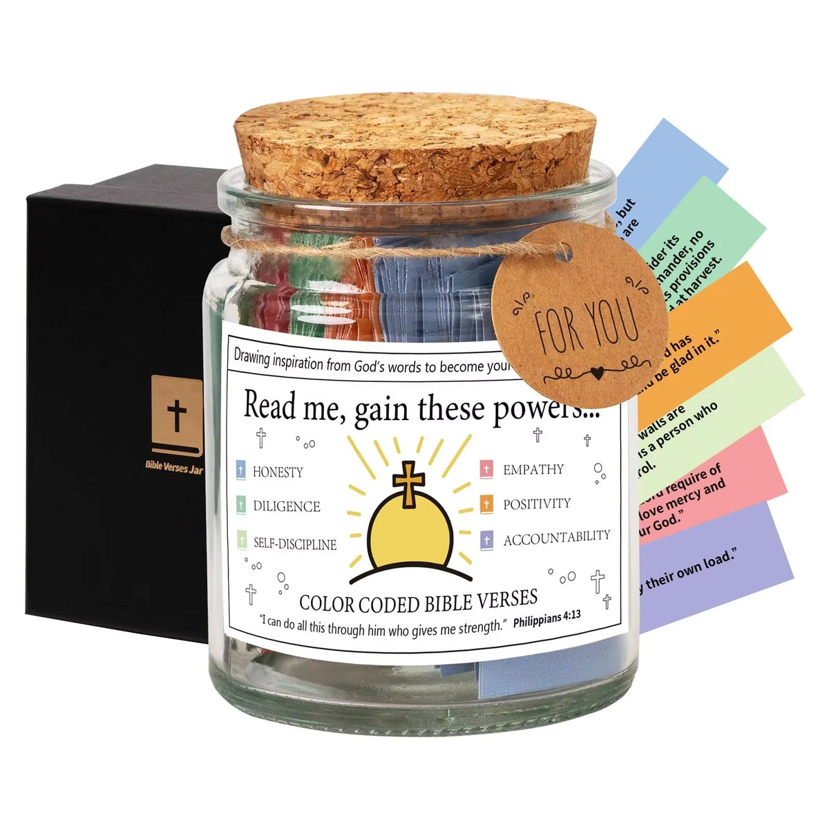 A glass jar filled with color-coded Bible verses and a cork lid, used for emotional guidance.