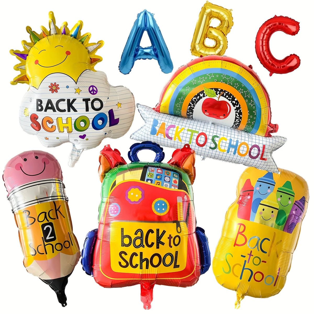 A set of eight foil decorations including a sun, letter B, letter C, and various back to school themed items.