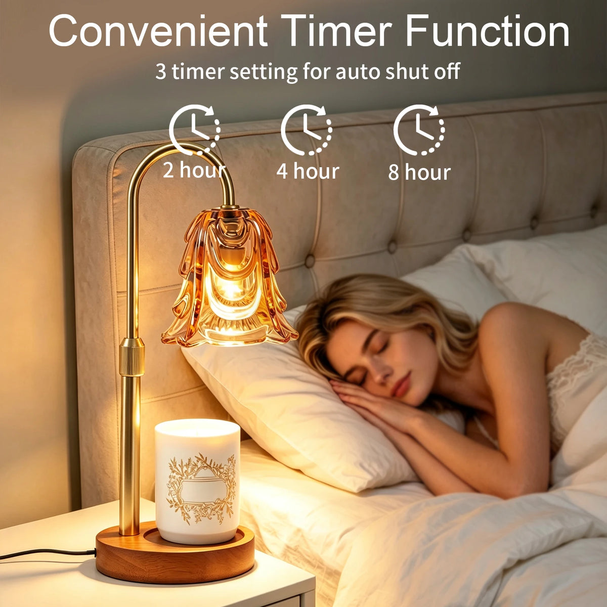 Elegant gold candle warmer lamp with a timer set for 2, 4, or 8 hours next to a sleeping woman in bed