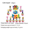 A set of 25 cake toppers featuring colorful characters and a birthday message on cupcake stands.