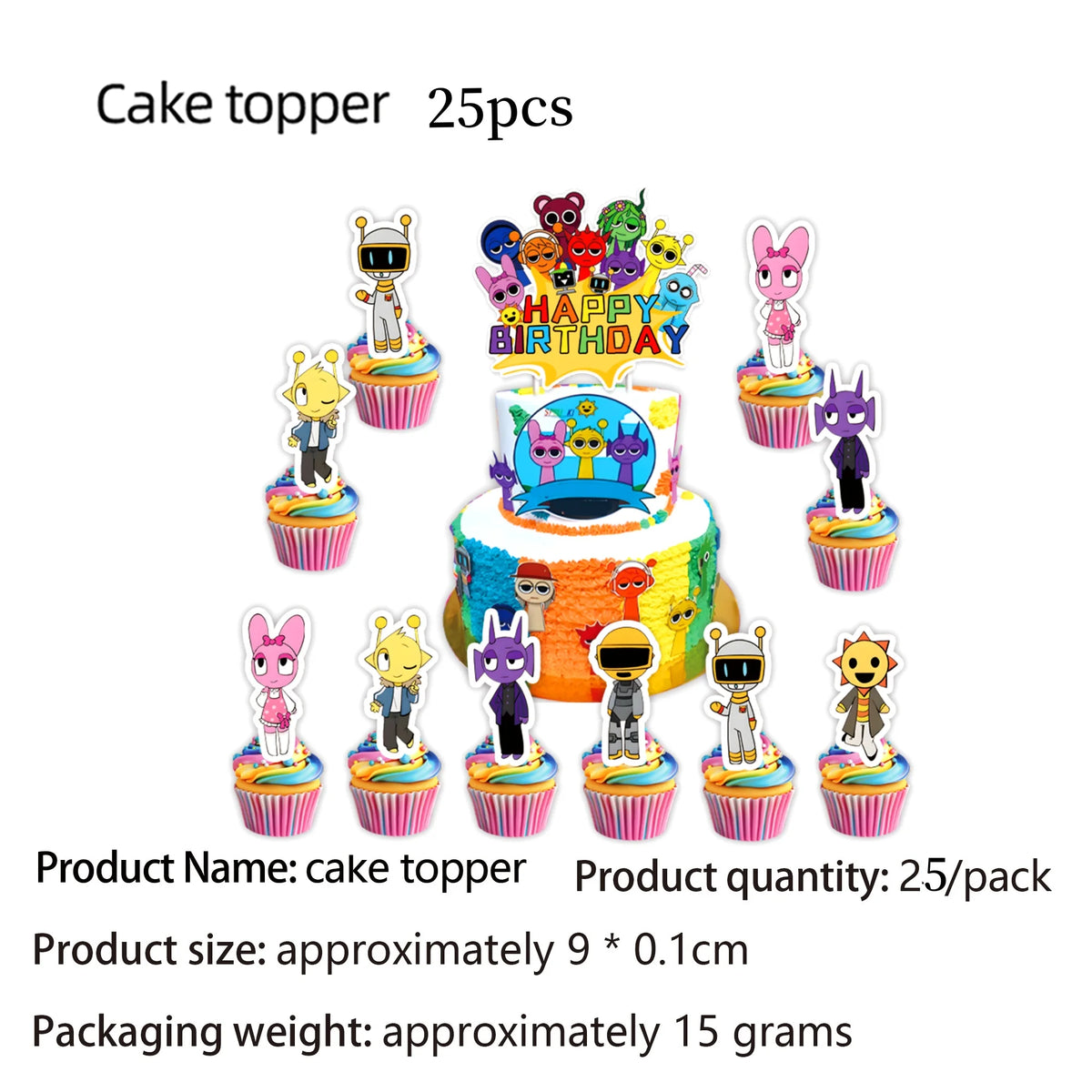 A set of 25 cake toppers featuring colorful characters and a birthday message on cupcake stands.