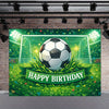A vibrant soccer ball is centered on a green field backdrop with a birthday message and a goal net.