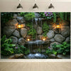 A wall tapestry featuring a natural stone waterfall and lush green plants.