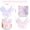 Pink butterfly decoration size guide showing various sizes of silk artificial butterflies and details about the material.