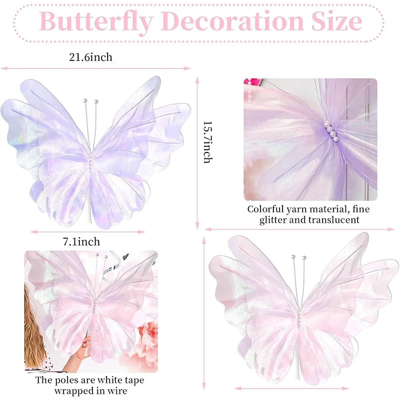 Pink butterfly decoration size guide showing various sizes of silk artificial butterflies and details about the material.