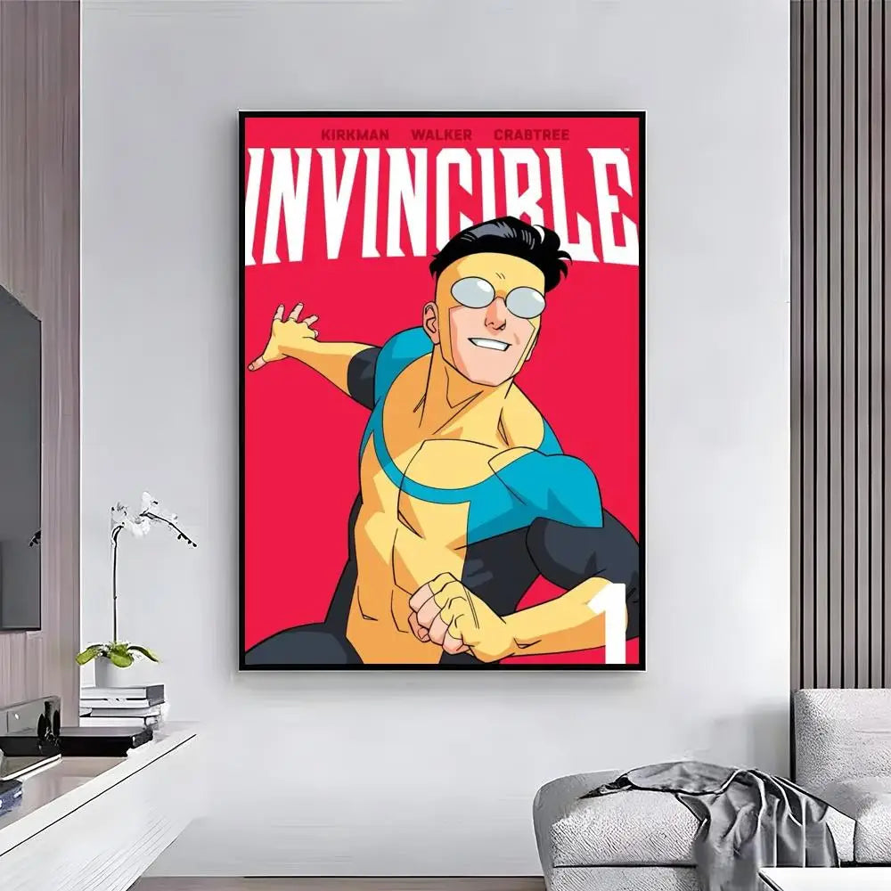 Animated wall art poster featuring Invincible with the title text and a vibrant yellow and blue costume.