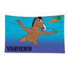 A colorful flag banner featuring a cartoon horse character against a blue sky background.