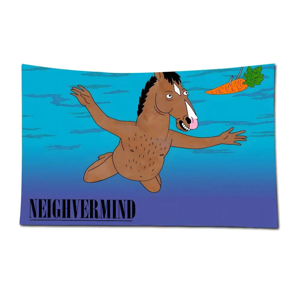 A colorful flag banner featuring a cartoon horse character against a blue sky background.